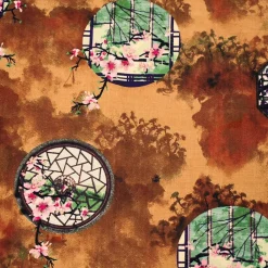 Brown-Mint Green-Multi Cherry Blossom Window Printed Linen Woven Fabric By the Yard