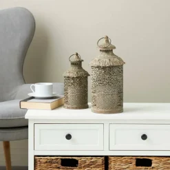 Brown Ornate Scroll Metal Candle Lantern Set