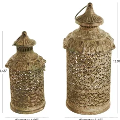 Brown Ornate Scroll Metal Candle Lantern Set