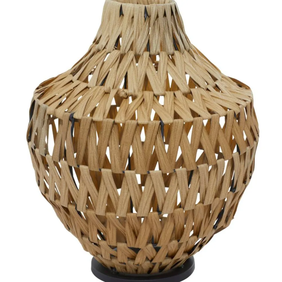 Brown Plastic Rattan Handmade Woven Vase with Black Metal Base 14" x 14" x 17"