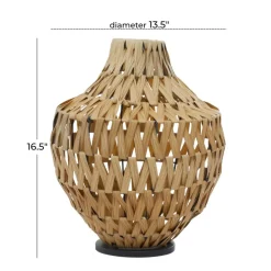 Brown Plastic Rattan Handmade Woven Vase with Black Metal Base 14" x 14" x 17"