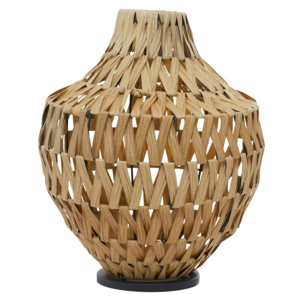 Brown Plastic Rattan Handmade Woven Vase with Black Metal Base 14" x 14" x 17"