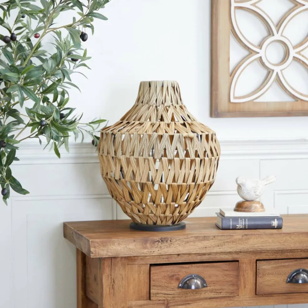 Brown Plastic Rattan Handmade Woven Vase with Black Metal Base 14" x 14" x 17"