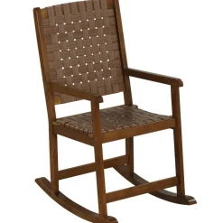 Brown PU Seat Patio Rocking Chair with Sturdy Rubber Wood Frame