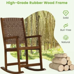 Brown PU Seat Patio Rocking Chair with Sturdy Rubber Wood Frame