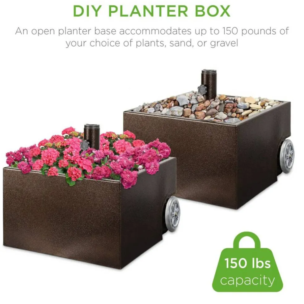 Brown Steel Construction Umbrella Base Stand with Planter Box and Wheels Fits 2" Poles