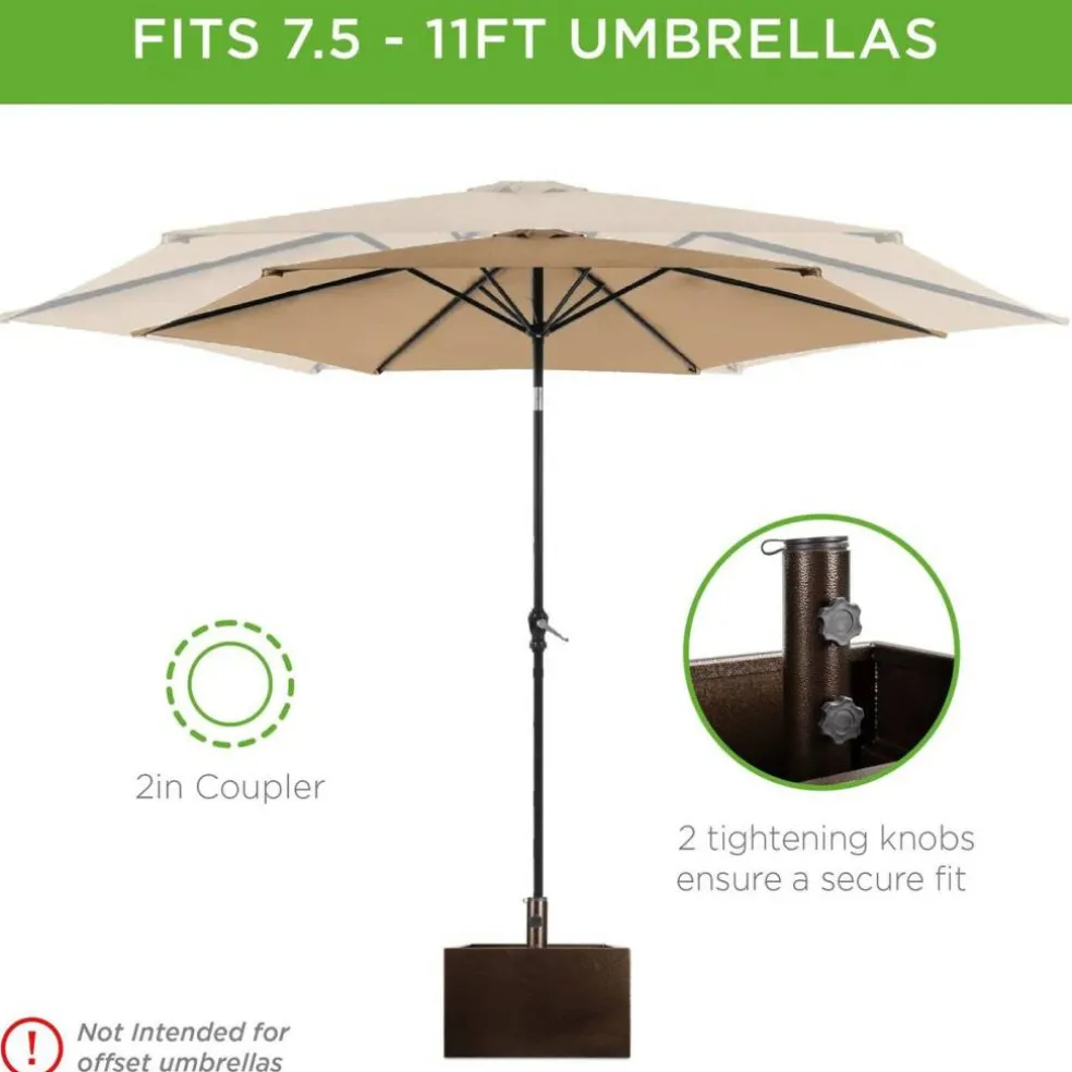 Brown Steel Construction Umbrella Base Stand with Planter Box and Wheels Fits 2" Poles