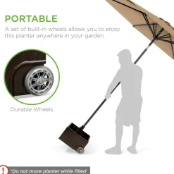 Brown Steel Construction Umbrella Base Stand with Planter Box and Wheels Fits 2