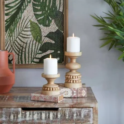 Brown Wood Beaded Pillar Candle Holder Set