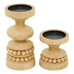 Brown Wood Beaded Pillar Candle Holder Set