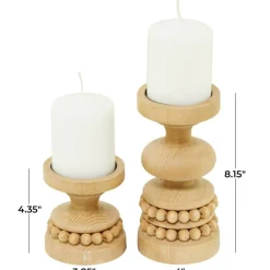 Brown Wood Beaded Pillar Candle Holder Set