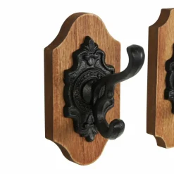 Brown Wooden Fleur De Lis Vintage Inspired Home Wall Hook with Black Metal Hooks & Curved Edges Set