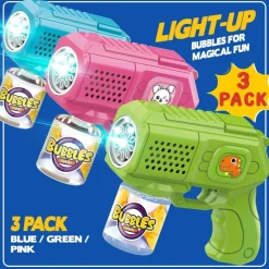 Bubble Gun with Bubble Solution, 3 Pack Light Up Bubble Blaster for Kids, Automatic Bubble Maker Machine, Leak Proof Outdoor Bubble Toys for Boys Girls Ages 3-8, Birthday Party Wedding Favors