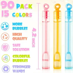 Bubble Wand, 90 Pack Pastel Bubble Wands Bulk 15 Colors for Halloween, Summer Toys, Wedding, Outdoor Indoor Activity Use, Bubbles Party Favors, Gifts for Kids Toddlers