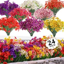 24 Bundles Artificial Flowers for Outdoors/Indoors, Fake Flowers Plants for Indoor Outside Garden Porch Window Box Home Wedding Farmhouse(8 Color)