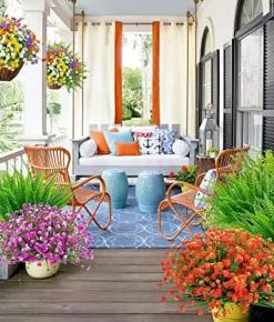 24 Bundles Artificial Flowers for Outdoor Decoration UV Resistant Fake Plastic Plants Faux Boston Fern Artificial Greenery for Summer Indoor Outdoor Garden Patio Window Box Kitchen Home Decor