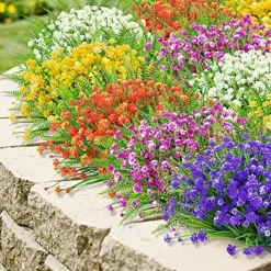 24 Bundles Artificial Flowers for Outdoor Decoration UV Resistant Fake Plastic Plants Faux Boston Fern Artificial Greenery for Summer Indoor Outdoor Garden Patio Window Box Kitchen Home Decor