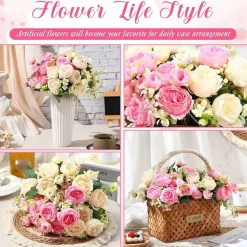 8 Bundles Artificial Peonies Flowers – Silk Faux Peony Bouquet in Pink & Champagne, Realistic Fake Flowers Bulk with Flexible Wired Stems for Wedding, Home Decor, Vase Arrangements & Party Centerpieces