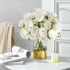 4 Bundles Artificial White Peony Silk Flowers, Faux Peony Bouquet Set for Wedding, Farmhouse Home Decor, Boho Table Centerpieces & Vase Arrangements