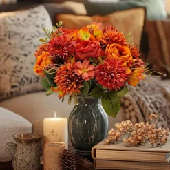 2 Bundles Fall Artificial Flowers, Burnt Orange Peony & Chrysanthemum Bouquet with Hydrangea and Wildflowers, Silk Faux Fall Floral Arrangement for Vase, Table Centerpiece, Home Wedding Decor