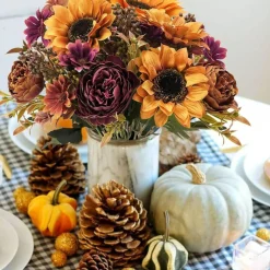 2 Bundles Fall Artificial Flowers Bouquet, Faux Sunflowers Peonies & Daisy Silk Floral Arrangement, Vintage Orange Autumn Flowers for Home Table Centerpieces, Wedding, Festival, Party & Seasonal Decor