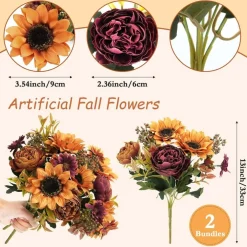 2 Bundles Fall Artificial Flowers Bouquet, Faux Sunflowers Peonies & Daisy Silk Floral Arrangement, Vintage Orange Autumn Flowers for Home Table Centerpieces, Wedding, Festival, Party & Seasonal Decor