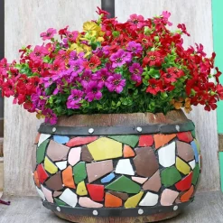 16 Bundles Summer Potted Artificial Flowers for Outdoors, Faux Plants Flowers