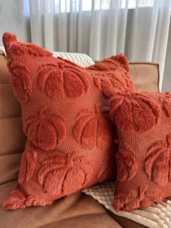 Burnt Orange Pumpkin Lumbar Pillow Cover – 12x20" Faux Fur Fall Accent, Handmade with Hidden Zipper