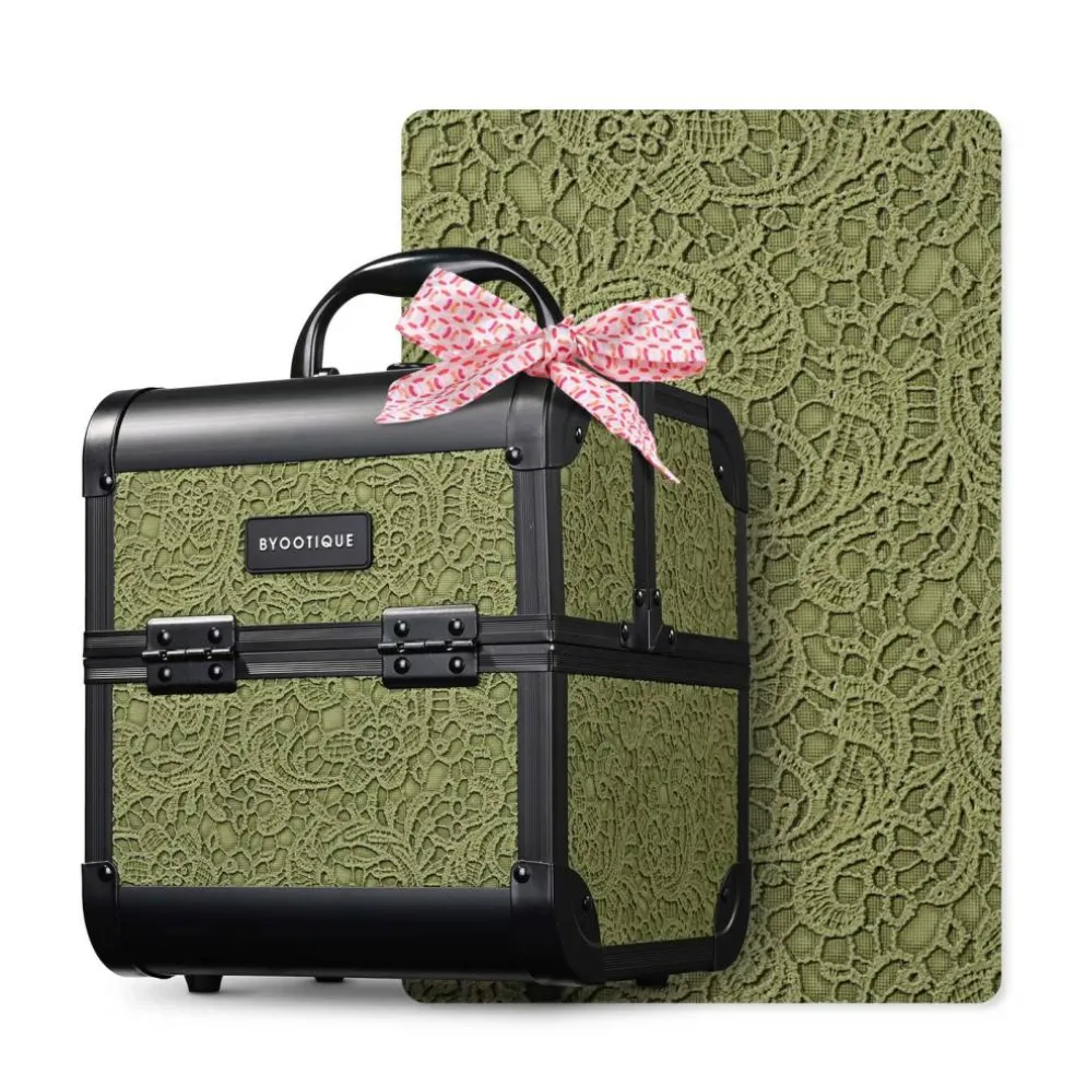 Byootique Makeup Train Case Cosmetic Organizer w/ Mirror Artist Rococo Moss