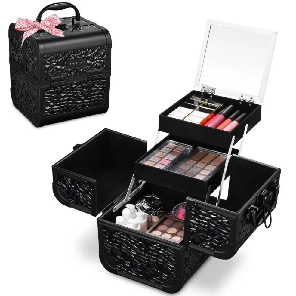 Byootique Makeup Train Case Cosmetic Organizer w/ Mirror Classic Black Artist