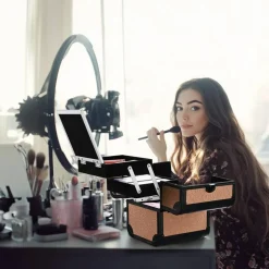 Byootique Makeup Train Case Cosmetic Organizer w/ Mirror Artist Rococo Coral