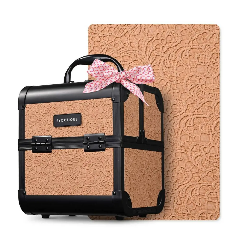 Byootique Makeup Train Case Cosmetic Organizer w/ Mirror Artist Rococo Coral