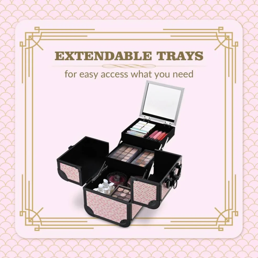 Byootique Makeup Train Case Trolley w/ Cube Case Cosmetic Organizer Art Deco Bloom