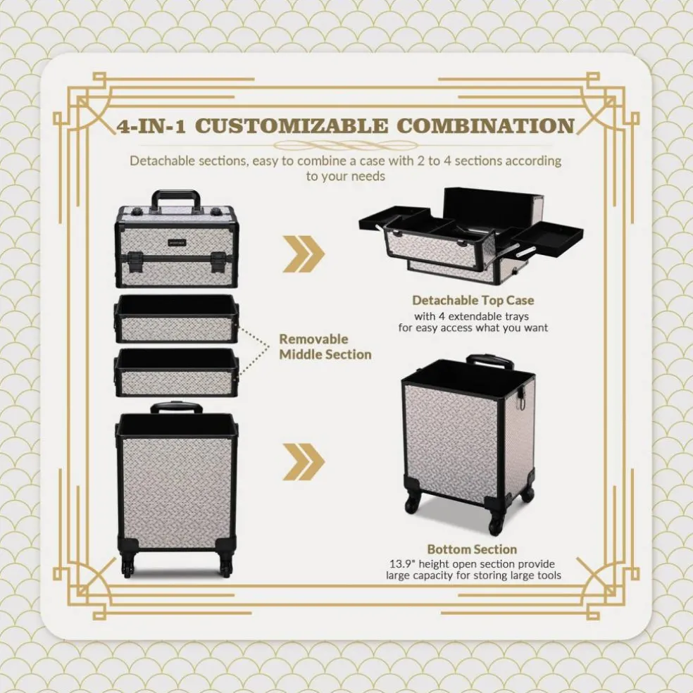 Byootique Makeup Train Case Trolley w/ Cube Case Cosmetic Organizer Art Deco Graphite