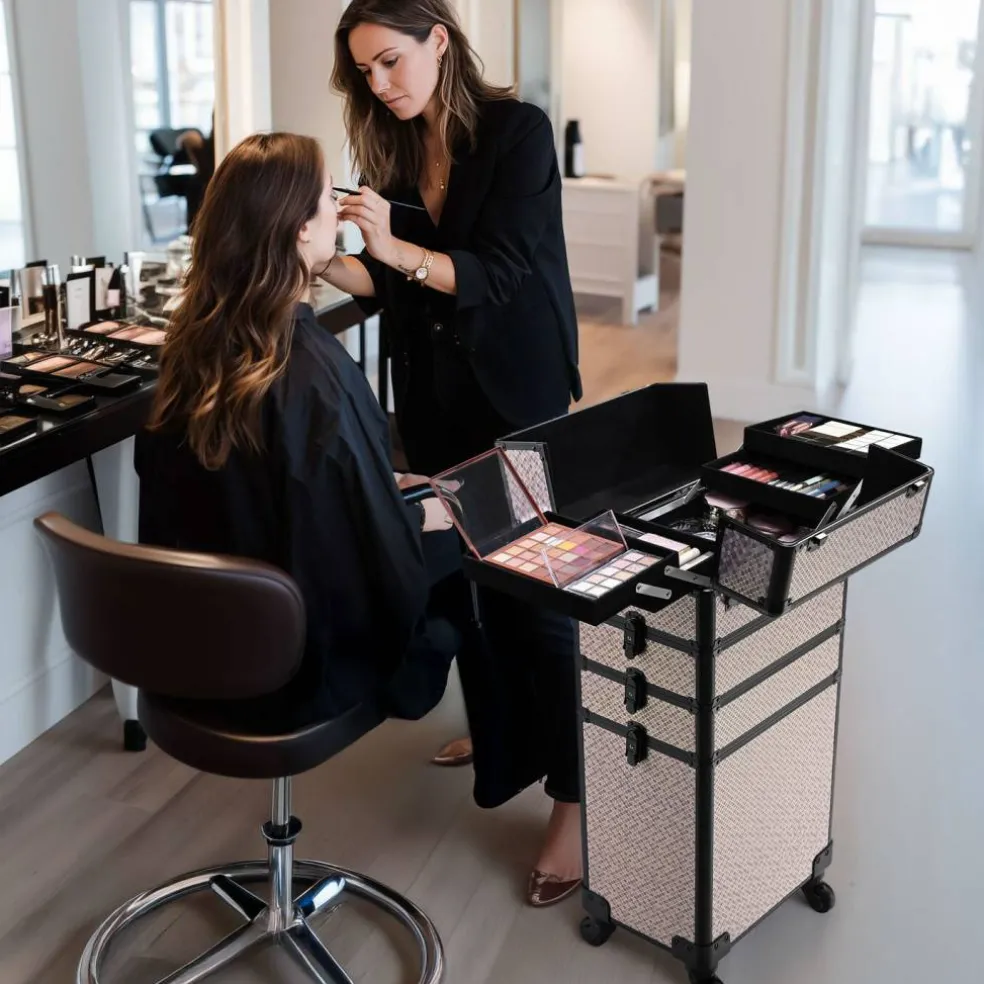 Byootique Makeup Train Case Trolley w/ Cube Case Cosmetic Organizer Art Deco Graphite
