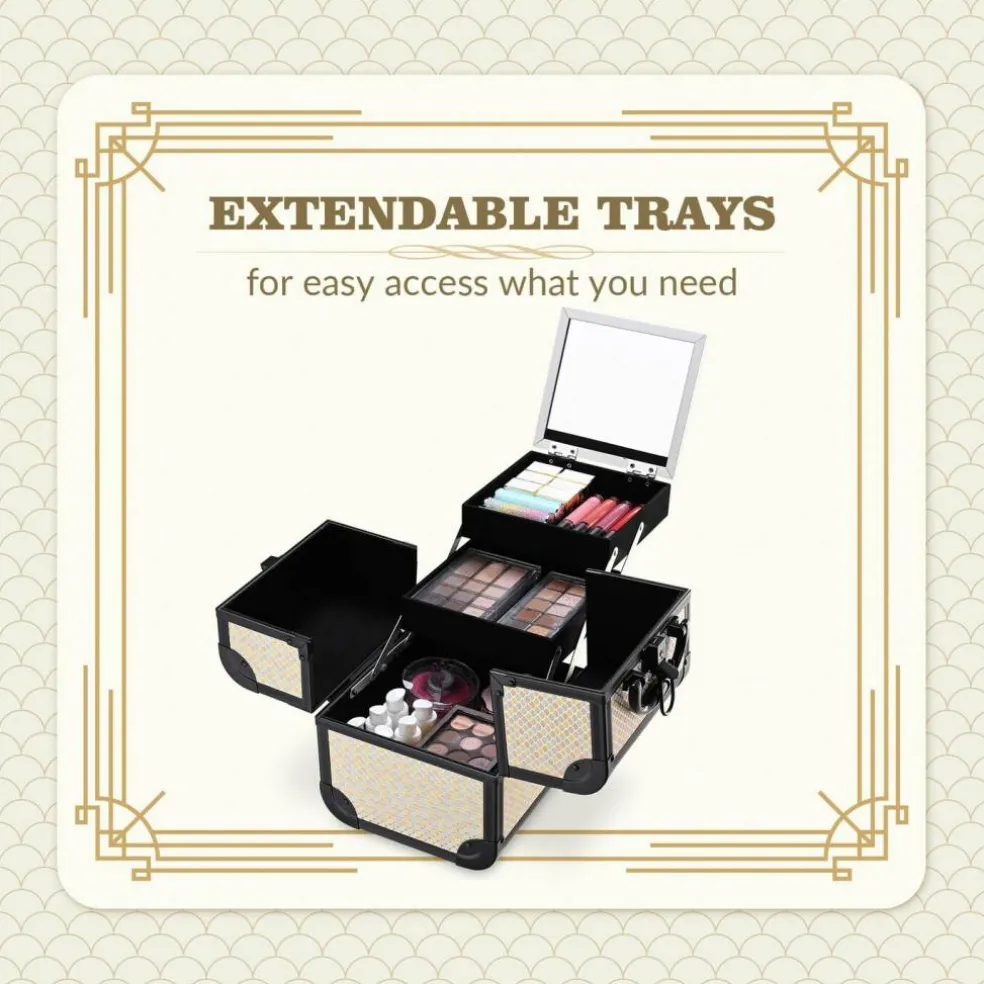 BYOOTIQUE Makeup Train Case Trolley w/ Cube Case Cosmetic Organizer Art Deco Pastel