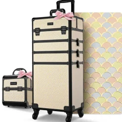 BYOOTIQUE Makeup Train Case Trolley w/ Cube Case Cosmetic Organizer Art Deco Pastel