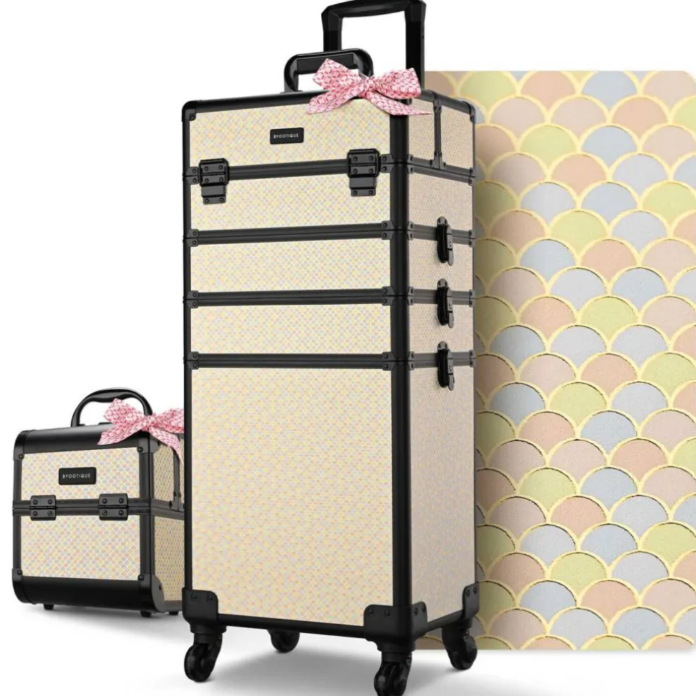 BYOOTIQUE Makeup Train Case Trolley w/ Cube Case Cosmetic Organizer Art Deco Pastel