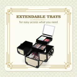 Byootique Makeup Train Case with Mirror Cosmetic Box Organizer Art Deco Pastel