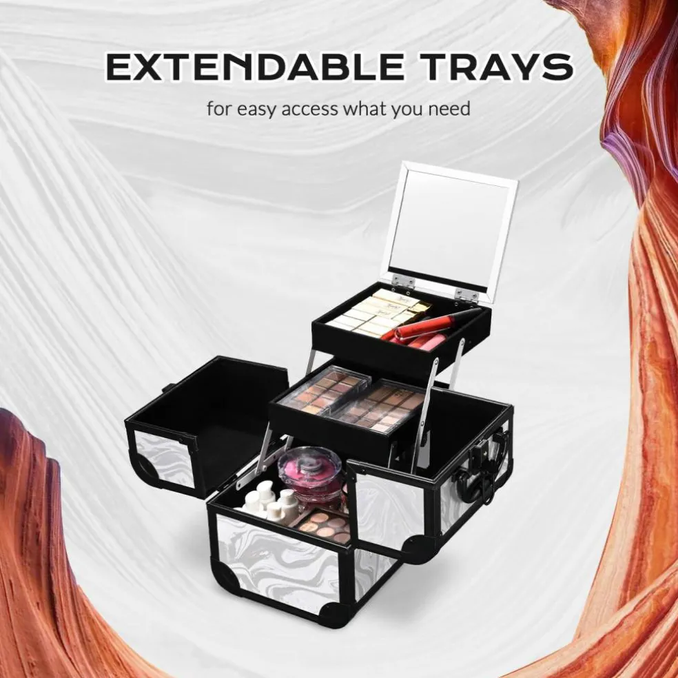 Byootique Makeup Train Case with Portable Cube Case Cosmetic Organizer Graystone