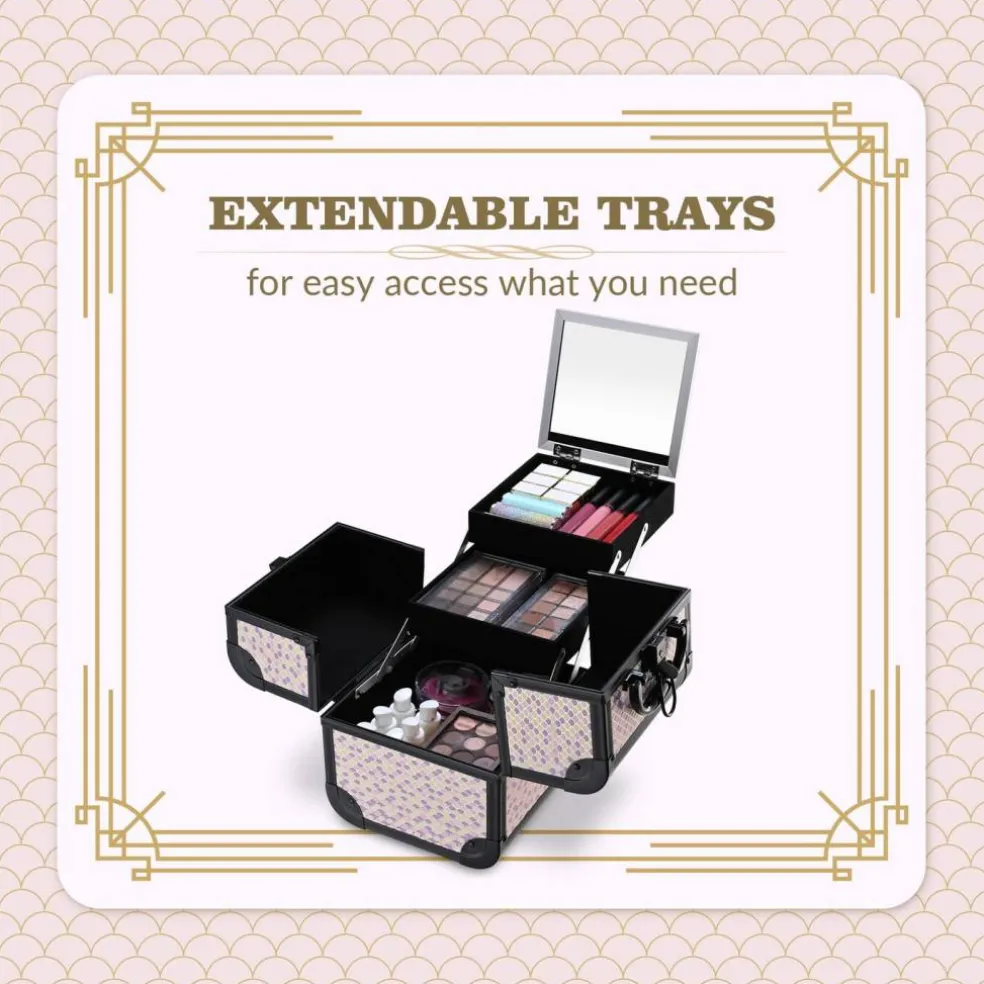 Byootique Makeup Train Case with Mirror Cosmetic Box for Nail Art Deco Tyrian
