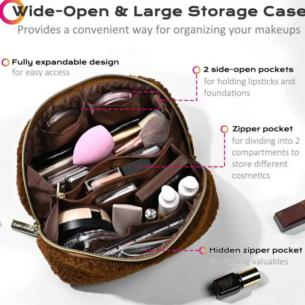 Byootique Plush Makeup Case Open Flat Travel Toiletry Accessories Organizer Bag