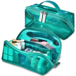 Byootique Portable Makeup Bag Zippered Water-resistant Organizer PVC Open Flat Travel Toiletry Organizer Travel Daily Use, Green