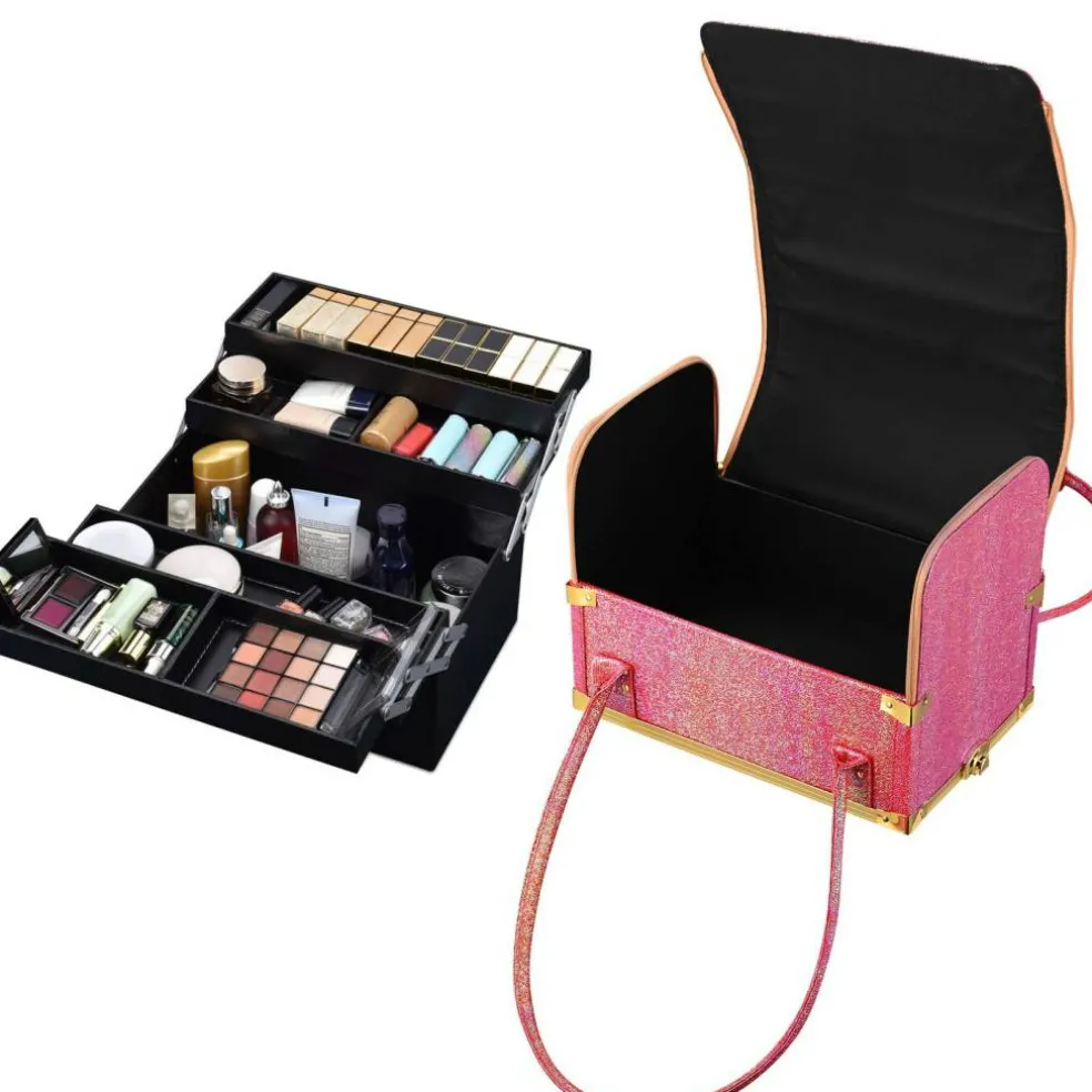 Byootique Red Gold Makeup Train Case Lockable Rolling Cosmetic Trolley Storage