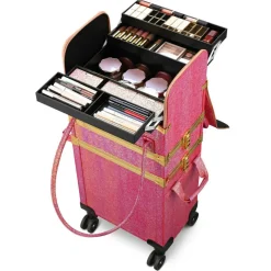Byootique Red Gold Makeup Train Case Lockable Rolling Cosmetic Trolley Storage