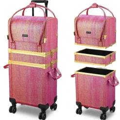 Byootique Red Gold Makeup Train Case Lockable Rolling Cosmetic Trolley Storage