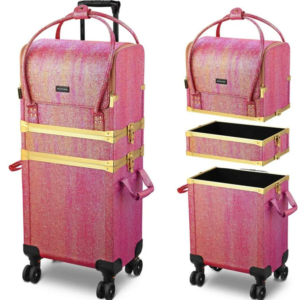 Byootique Red Gold Makeup Train Case Lockable Rolling Cosmetic Trolley Storage