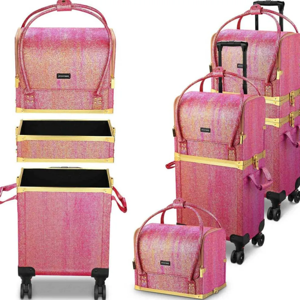 Byootique Red Gold Makeup Train Case Lockable Rolling Cosmetic Trolley Storage