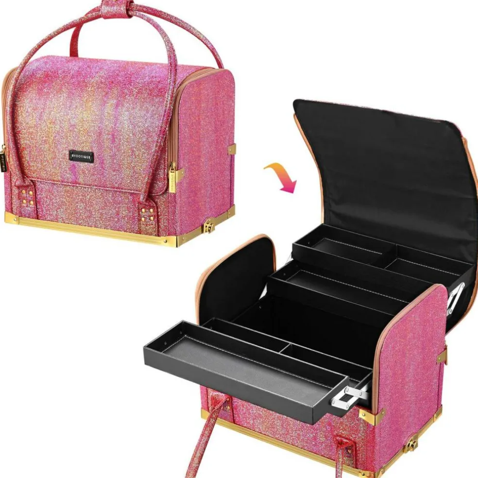 Byootique Red Gold Makeup Train Case Lockable Rolling Cosmetic Trolley Storage