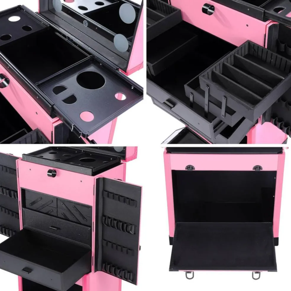 Byootique® Rolling Makeup Case Pro Hair Stylist Barber Artists Case Multifunction Lighted Lockable